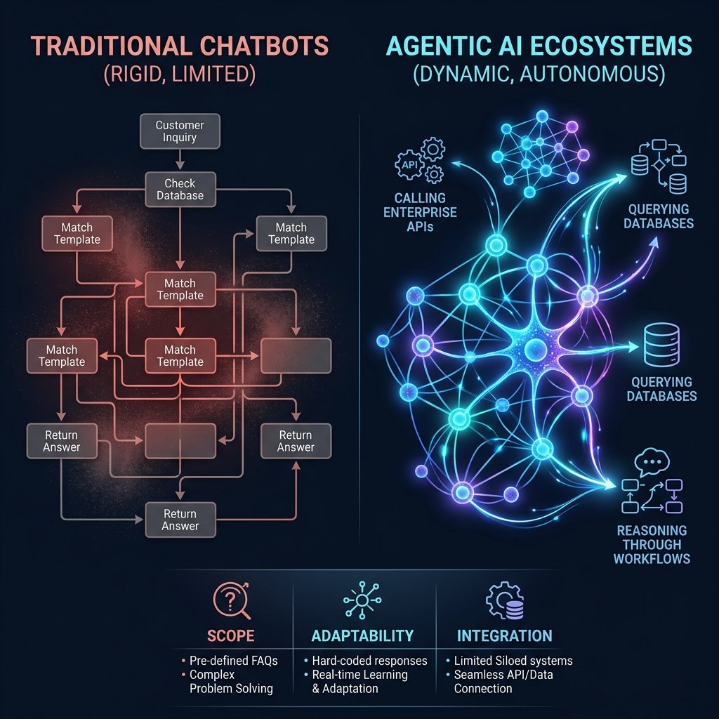 Evolution from Rigid Chatbots to Autonomous Agentic AI Ecosystems